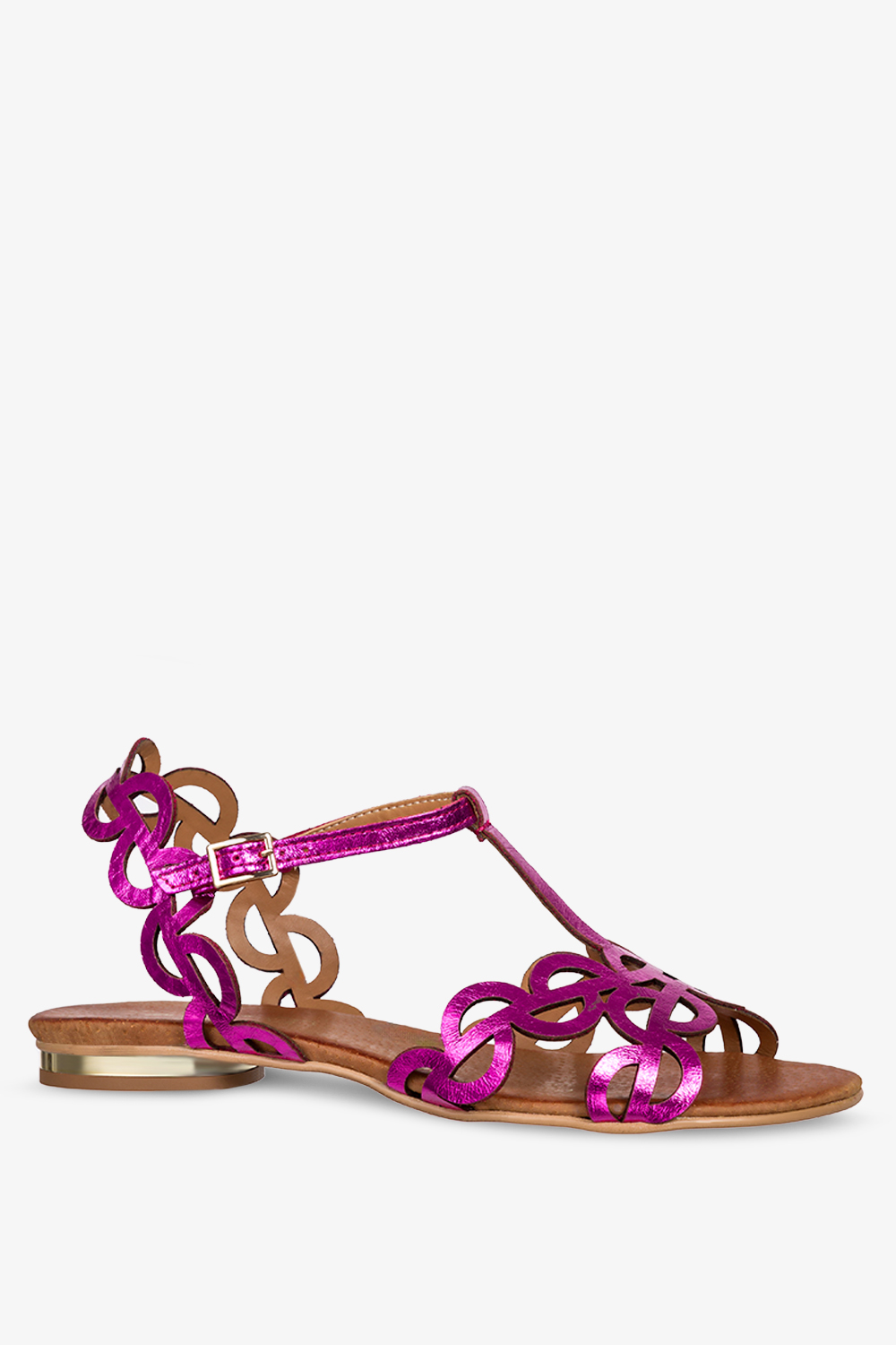 Fuksjowe sandały skórzane damskie metaliczne ażurowe płaskie t-bar PRODUKT POLSKI Casu 3284