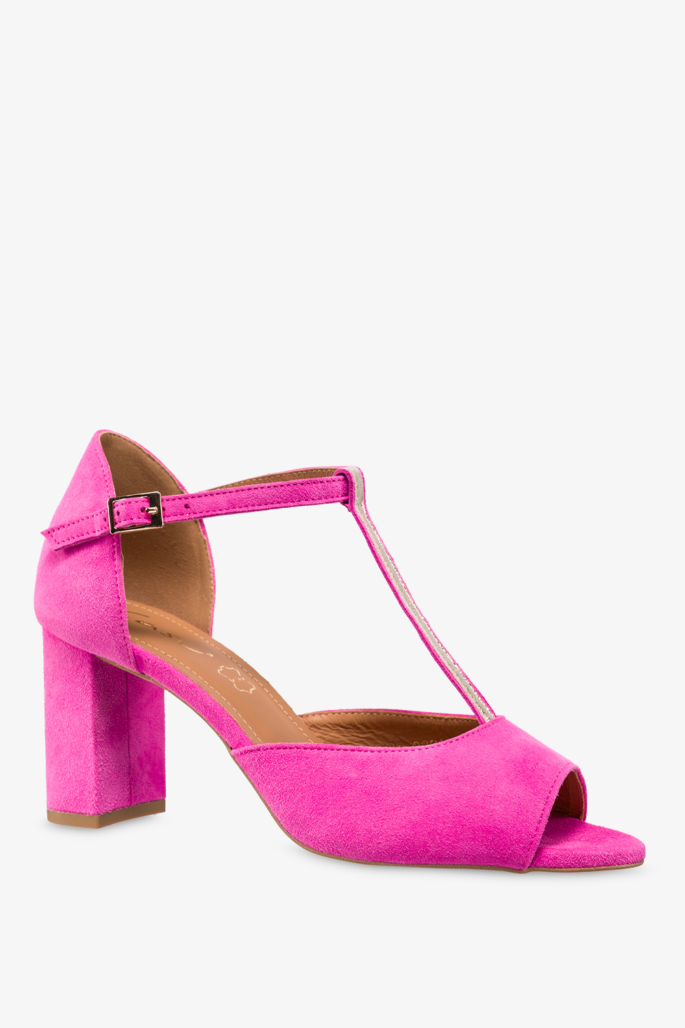 Fuksjowe sandały skórzane damskie na słupku t-bar z zakrytą piętą PRODUKT POLSKI Casu 2998-601-65