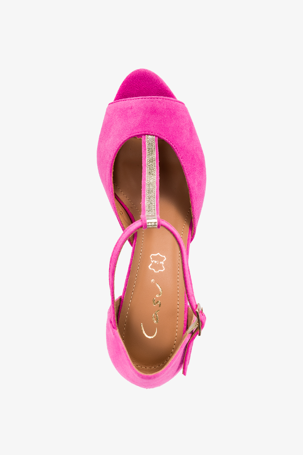 Fuksjowe sandały skórzane damskie na słupku t-bar z zakrytą piętą PRODUKT POLSKI Casu 2998-601-65