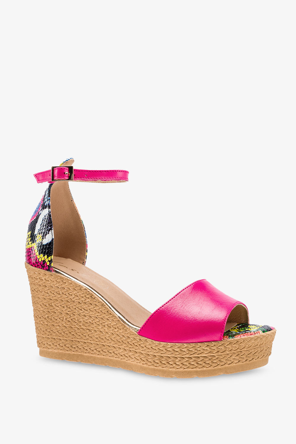 Fuksjowe sandały skórzane damskie espadryle na koturnie z zakrytą piętą pasek wokół kostki wzór wężowy PRODUKT POLSKI Casu 2556-204-922