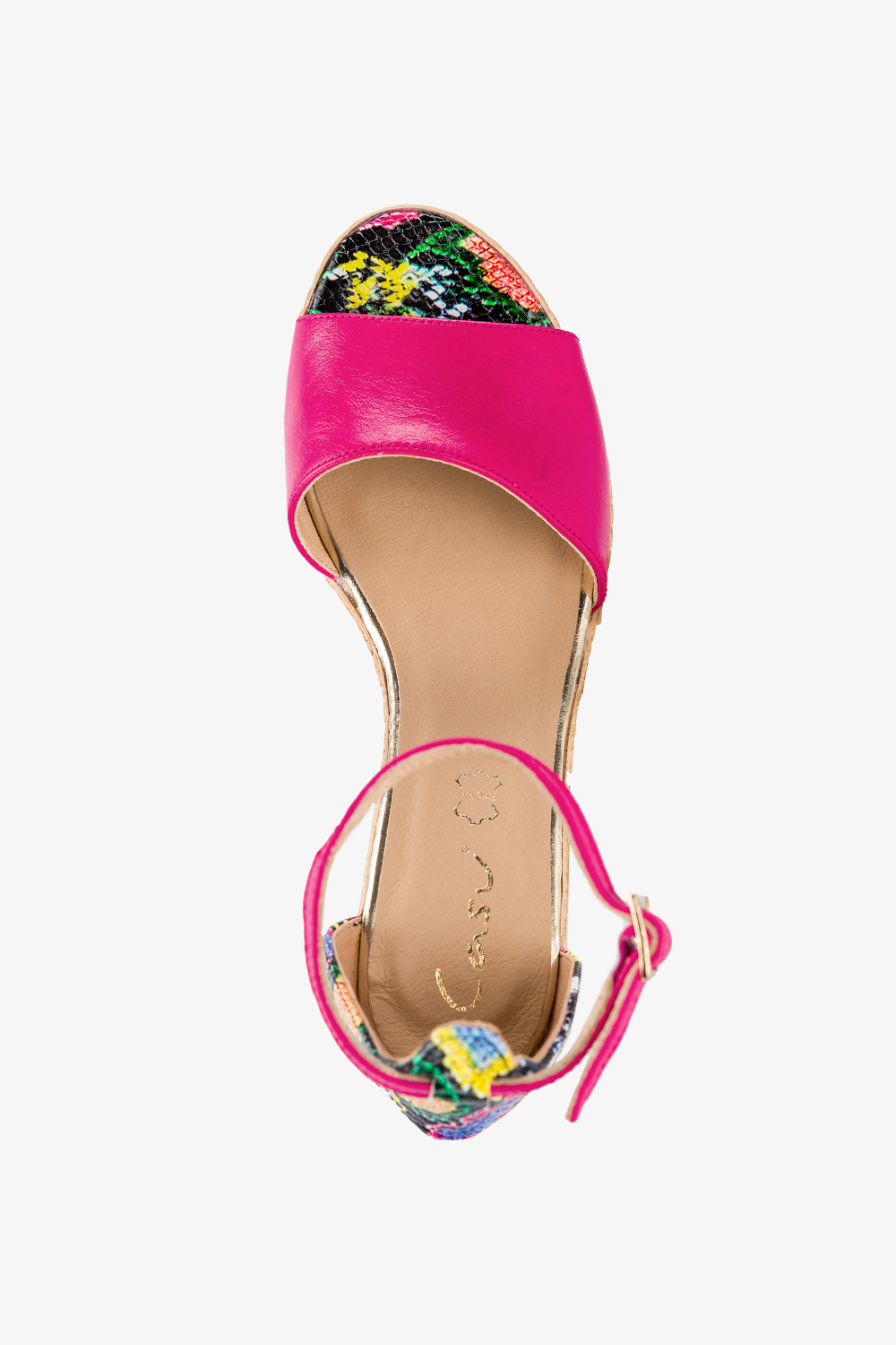 Fuksjowe sandały skórzane damskie espadryle na koturnie z zakrytą piętą pasek wokół kostki wzór wężowy PRODUKT POLSKI Casu 2556-204-922