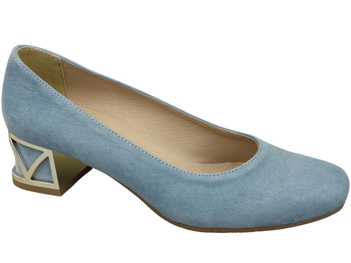 Wygodne Obuwie Damskie Czółenka Jasny Błękit z Ozdobnym Obcasem Skóra naturalna Zamszowej 219 Z ElitaBut