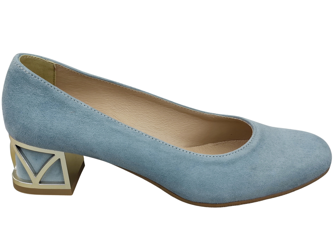 Wygodne Obuwie Damskie Czółenka Jasny Błękit z Ozdobnym Obcasem Skóra naturalna Zamszowej 219 Z ElitaBut
