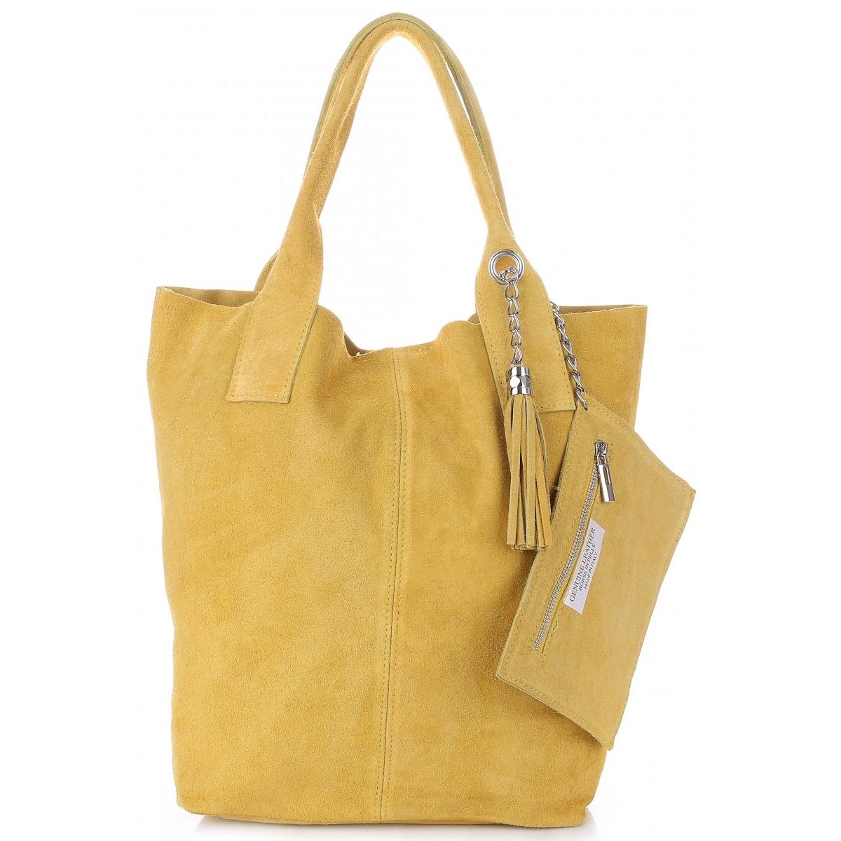 other Włoska Torebka Skórzana Shopper bag Zamsz Naturalny Żółta