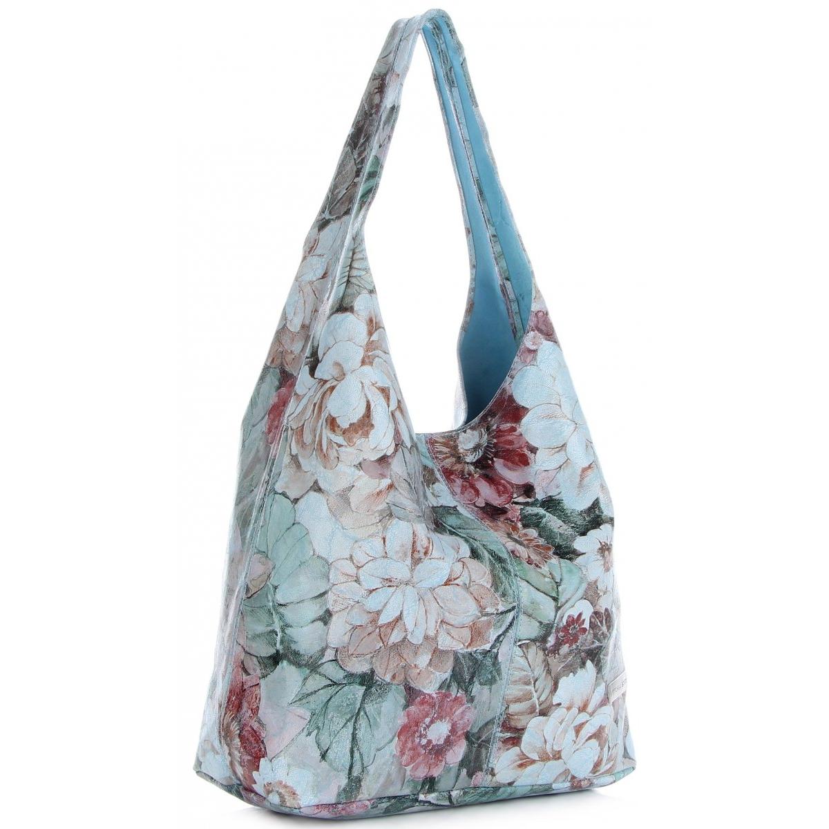Torebka Skórzana firmy Vittoria Gotti Uniwersalny Włoski Shopper w modne wzory Kwiatów Błękitna