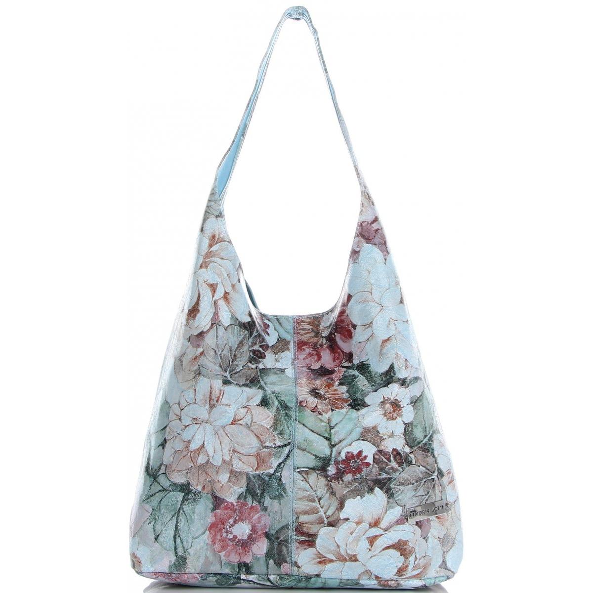 Torebka Skórzana firmy Vittoria Gotti Uniwersalny Włoski Shopper w modne wzory Kwiatów Błękitna