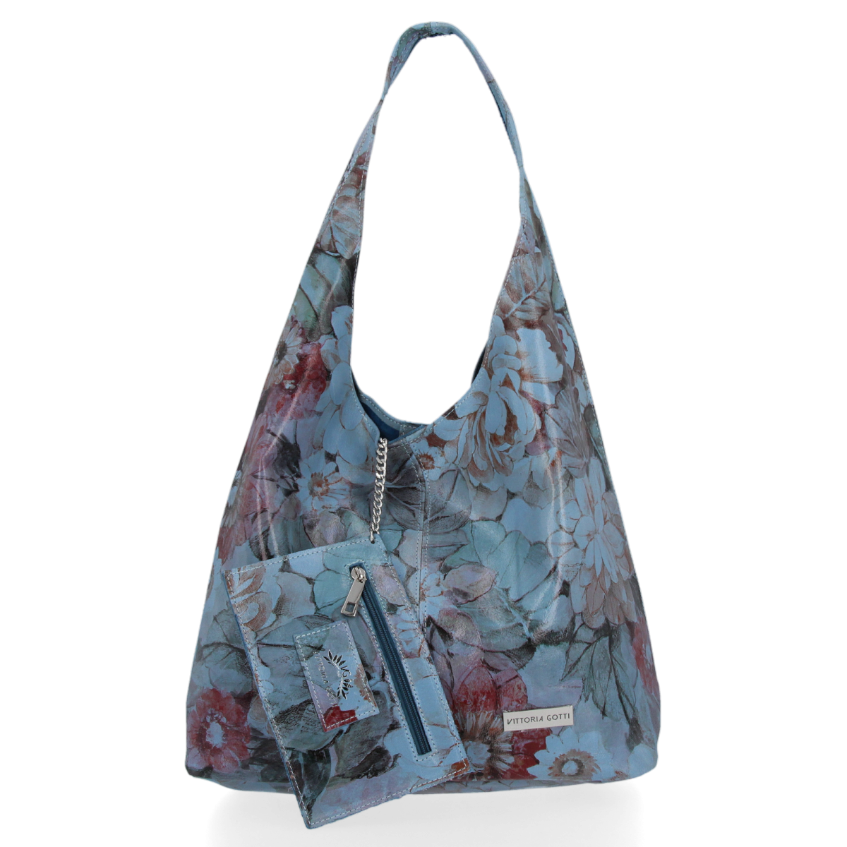 Torebka Skórzana firmy Vittoria Gotti Uniwersalny Włoski Shopper w modne wzory Kwiatów Jeans