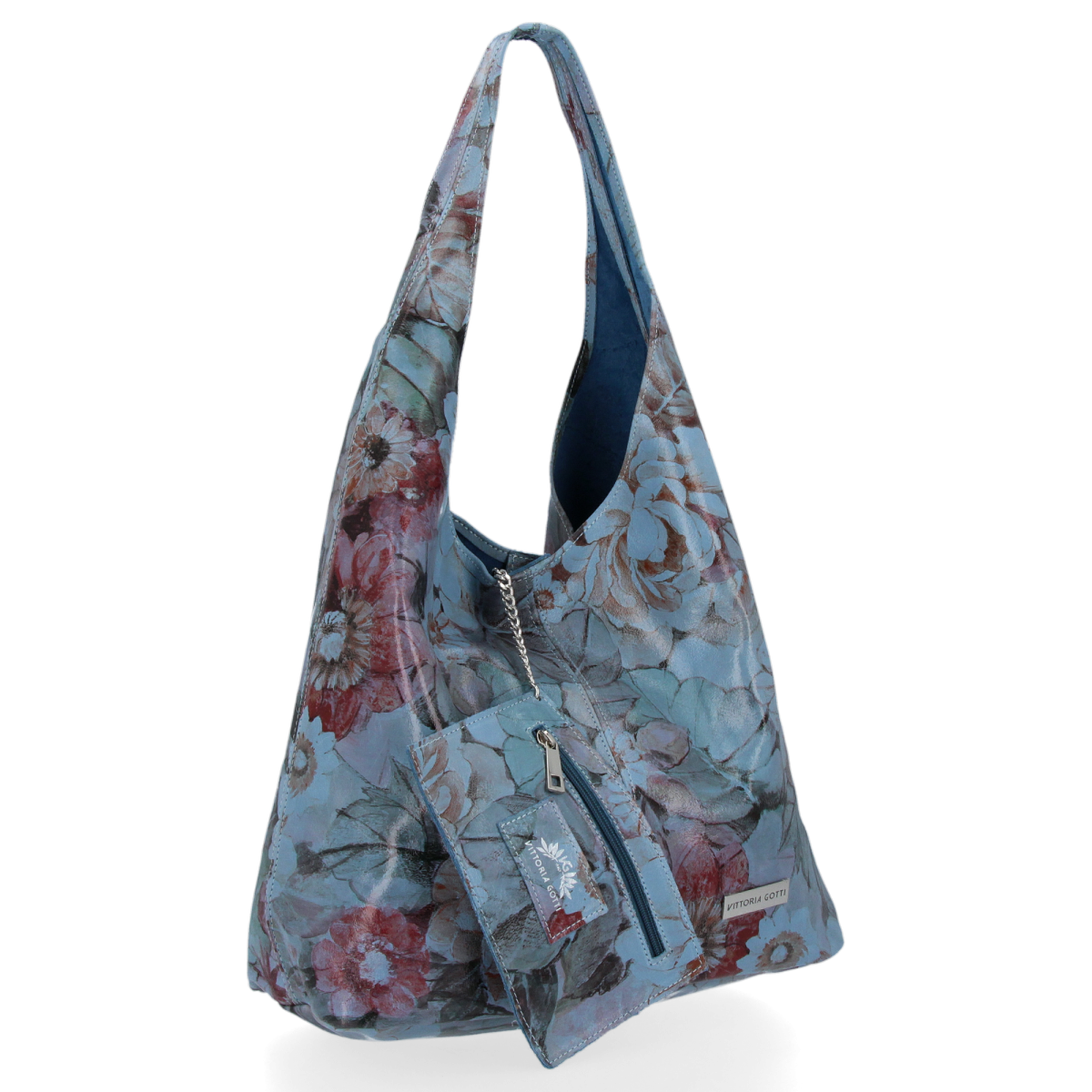 Torebka Skórzana firmy Vittoria Gotti Uniwersalny Włoski Shopper w modne wzory Kwiatów Jeans