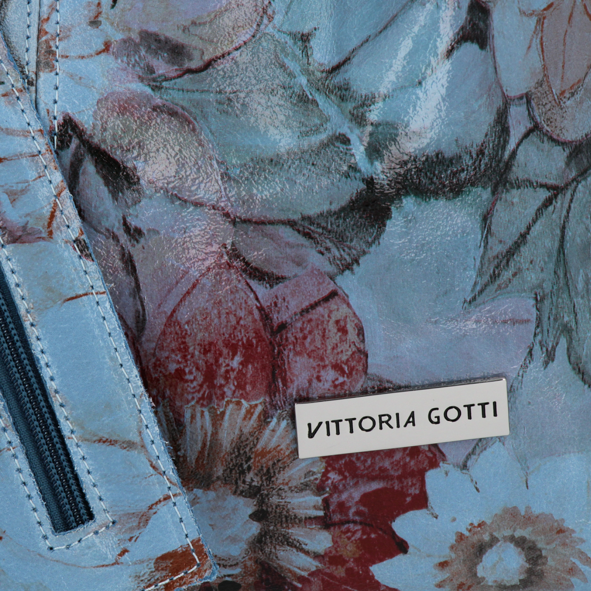 Torebka Skórzana firmy Vittoria Gotti Uniwersalny Włoski Shopper w modne wzory Kwiatów Jeans
