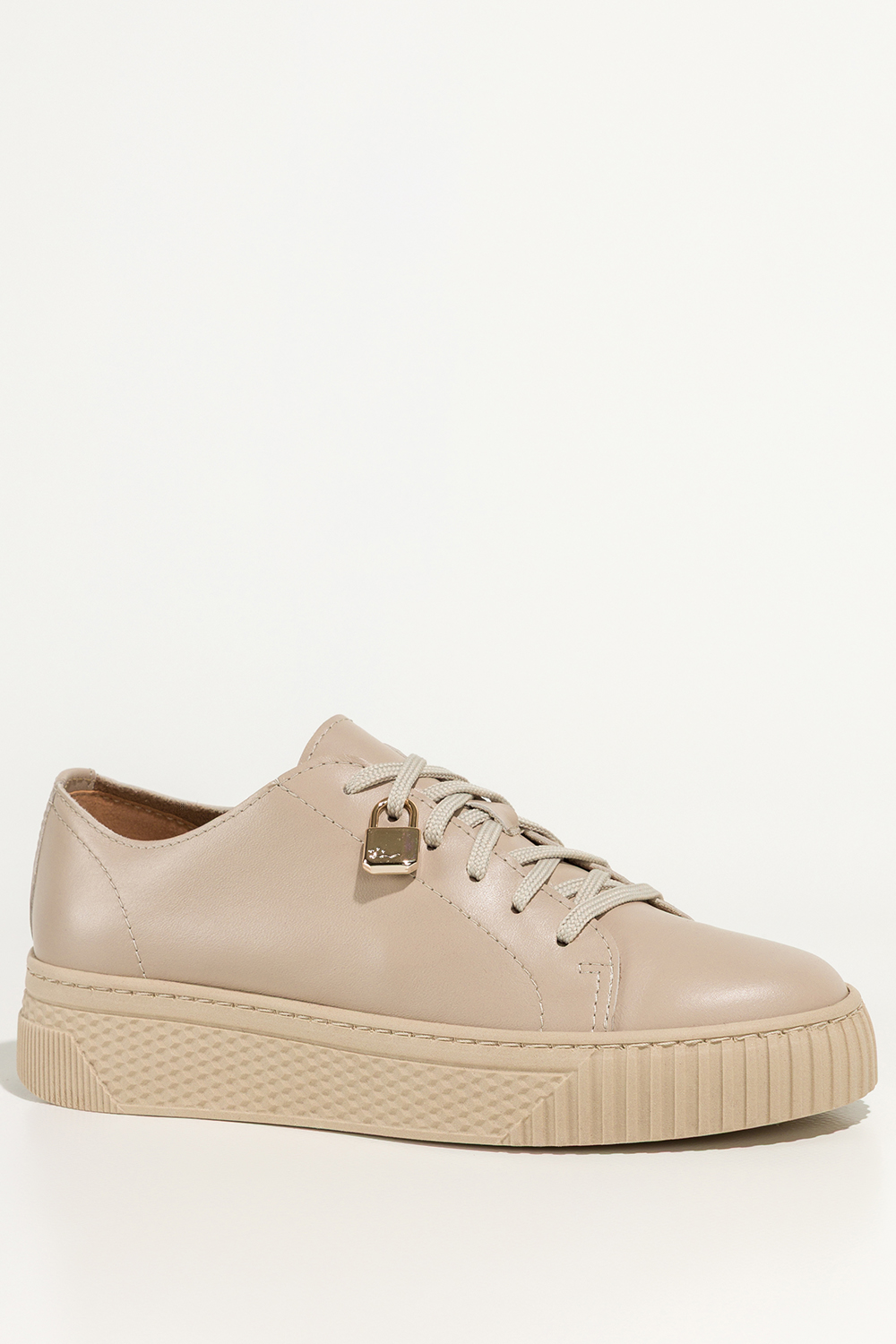 Beżowe sneakersy skórzane damskie buty sportowe na platformie z kłódką sznurowane PRODUKT POLSKI Casu 1145