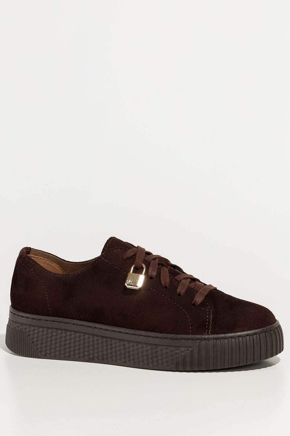 Czekoladowe sneakersy skórzane damskie buty sportowe na platformie z kłódką sznurowane PRODUKT POLSKI Casu 1145