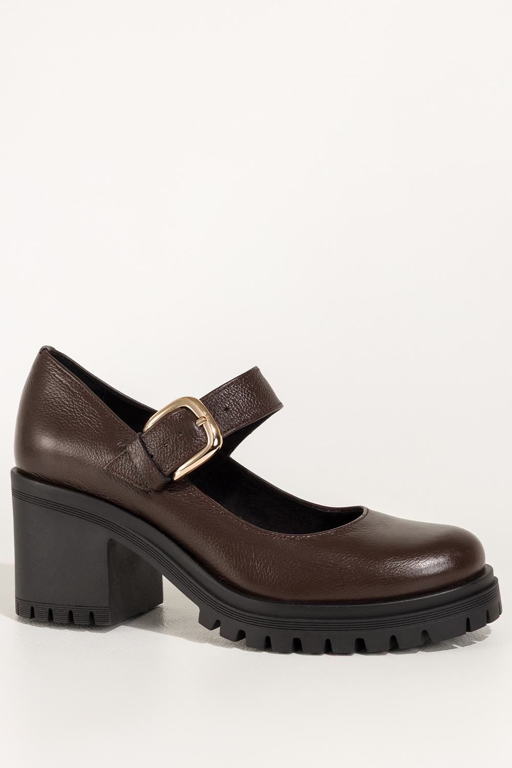 Czekoladowe półbuty skórzane damskie Mary Jane na szerokim klocku bieżnikowana platforma pasek ze złotą klamrą PRODUKT POLSKI Casu 79833