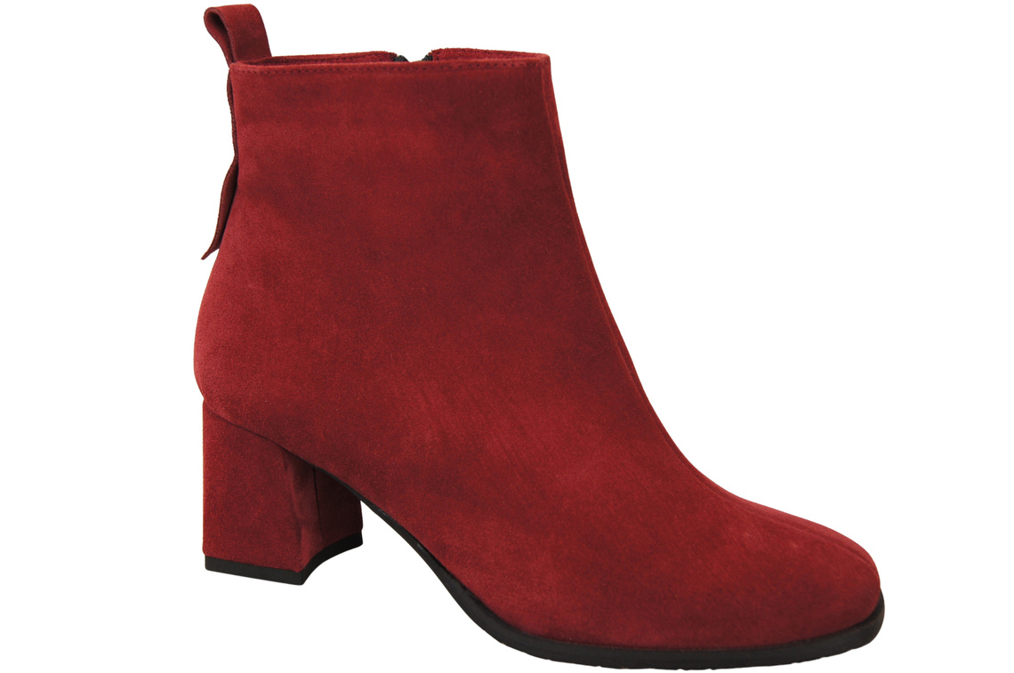 Botki Damskie Bordowe ze Skóry Naturalnej Welurowej na Stabilnym Słupku z Zamkiem 224 ElitaBut