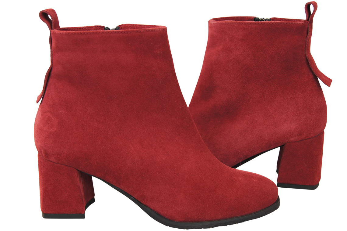 Botki Damskie Bordowe ze Skóry Naturalnej Welurowej na Stabilnym Słupku z Zamkiem 224 ElitaBut