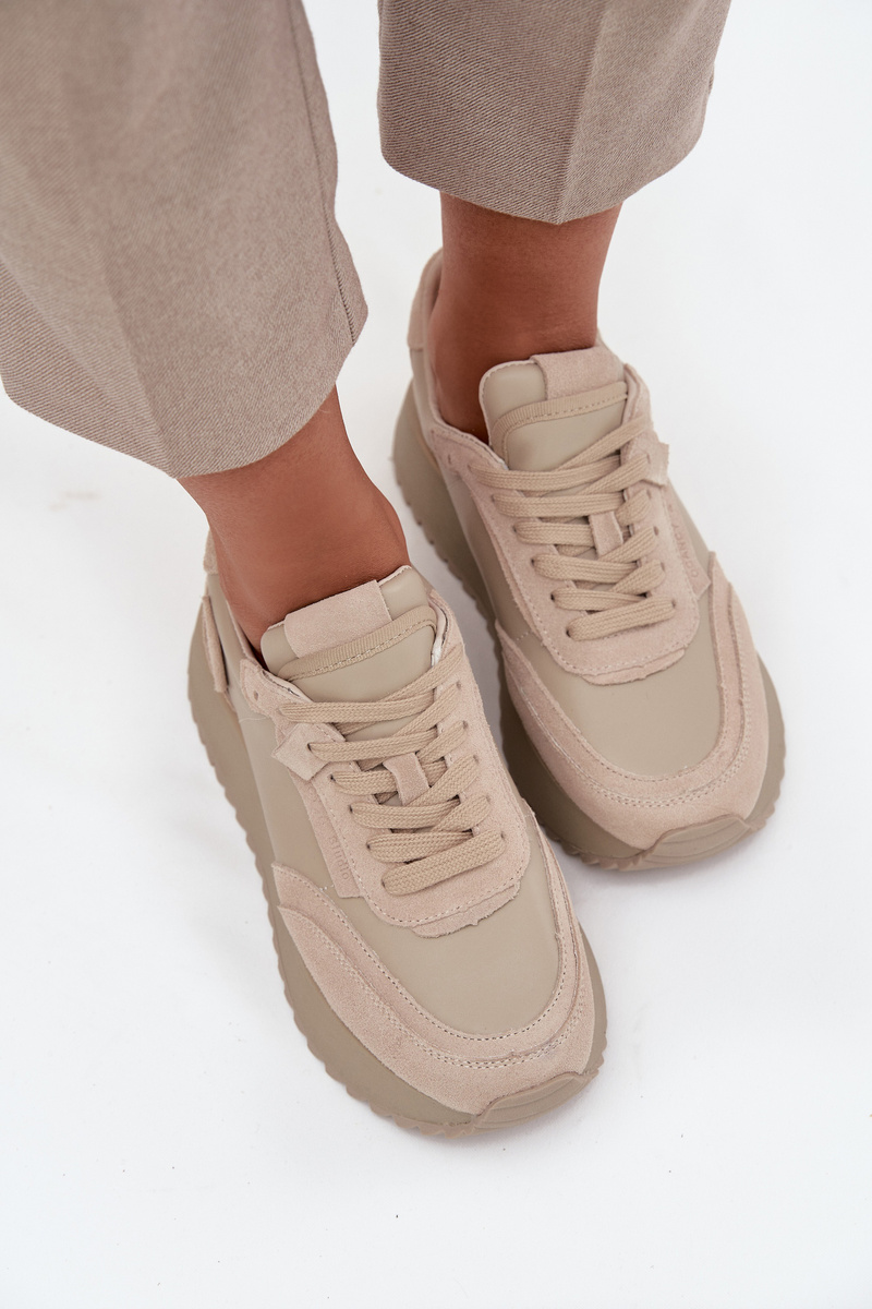 Butosklep Skórzane Sneakersy Damskie Na Platformie Artiker 55C0021 Beżowe