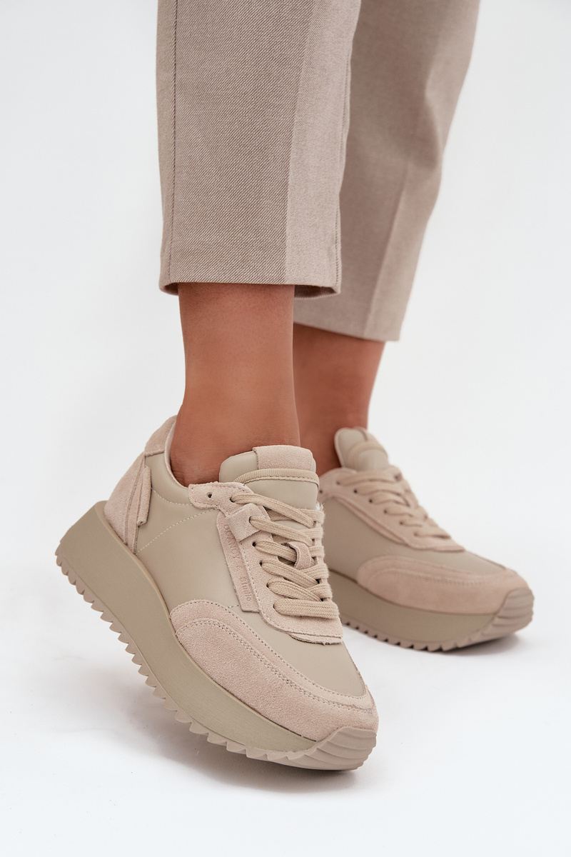 Butosklep Skórzane Sneakersy Damskie Na Platformie Artiker 55C0021 Beżowe
