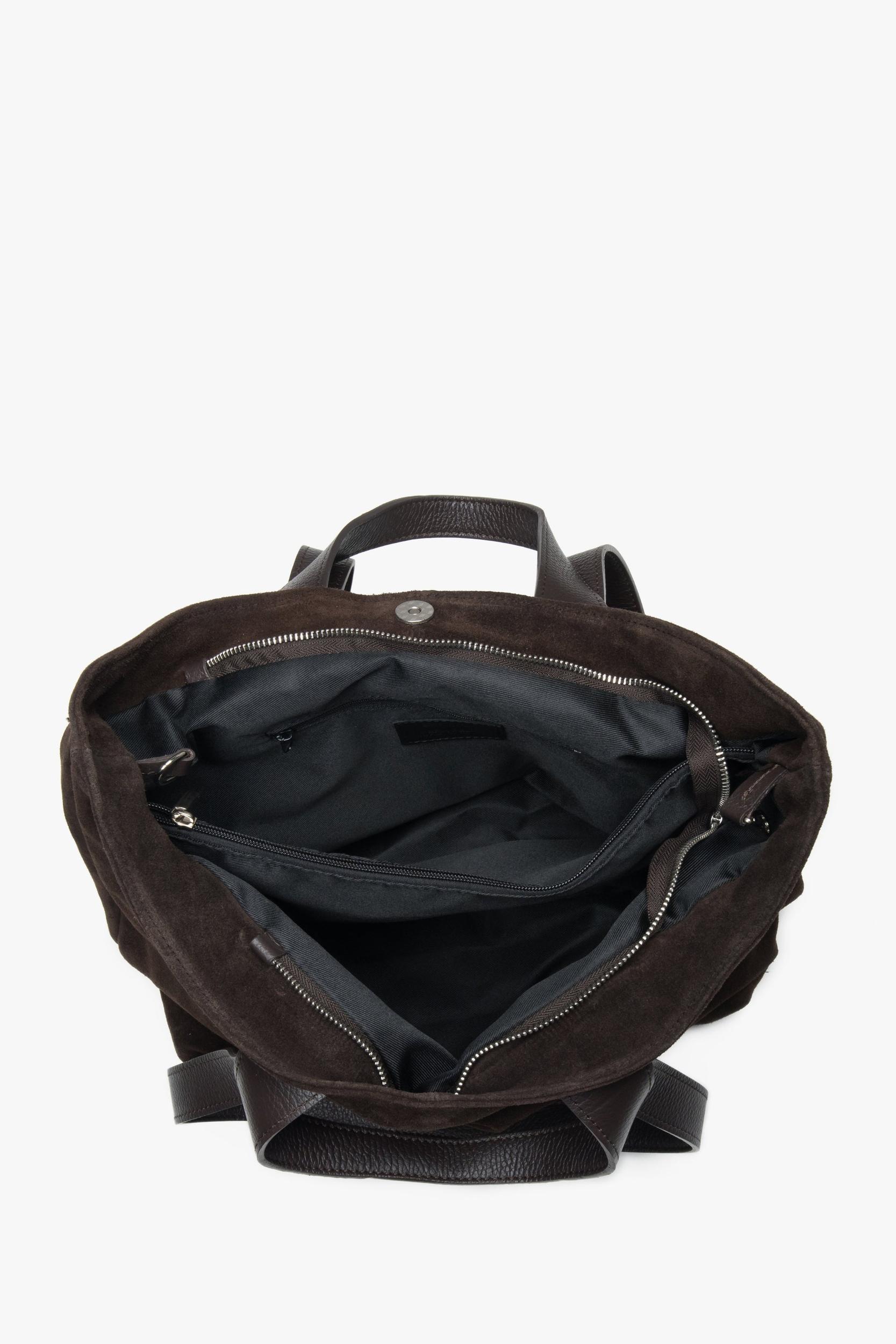 Estro: Ciemnobrązowa torebka typu shopper z włoskiego weluru naturalnego