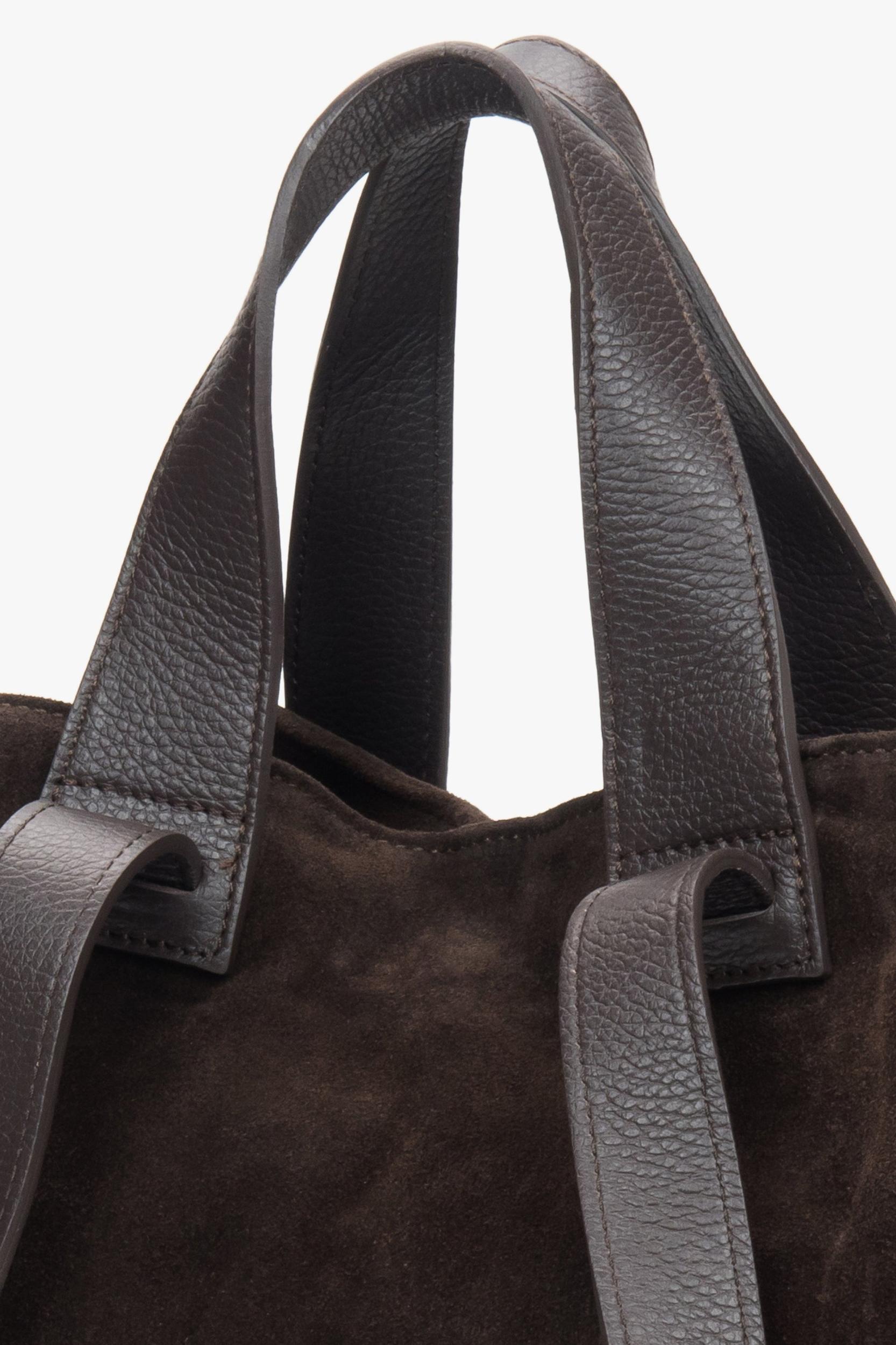 Estro: Ciemnobrązowa torebka typu shopper z włoskiego weluru naturalnego