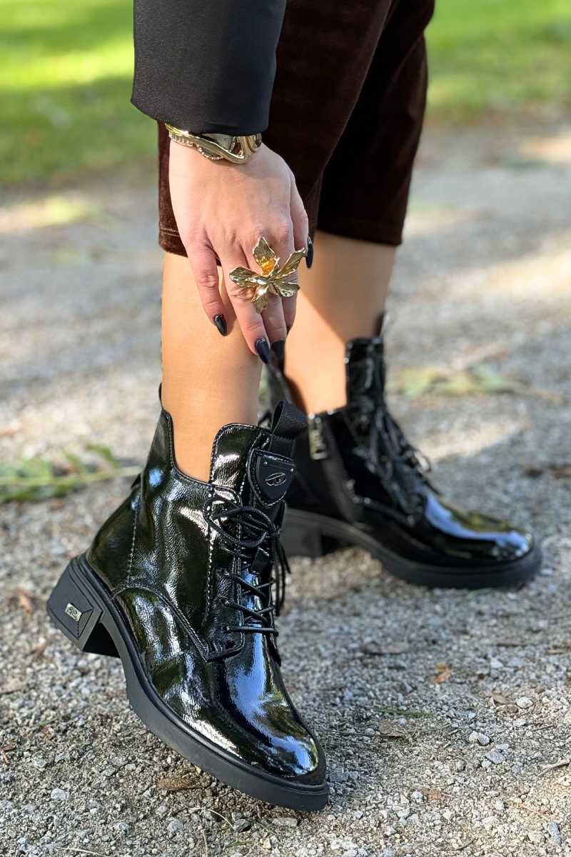 Vinceza Lakierowane botki damskie skórzane czarne z zamkiem i sznurówką