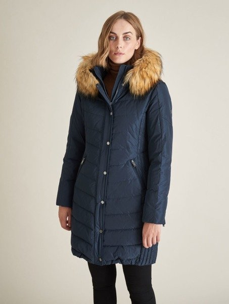 SAKI EVELYN 95 cm - Granatowy puchowy płaszcz z kapturem odpinanym na suwak i sztucznym kołnierzem