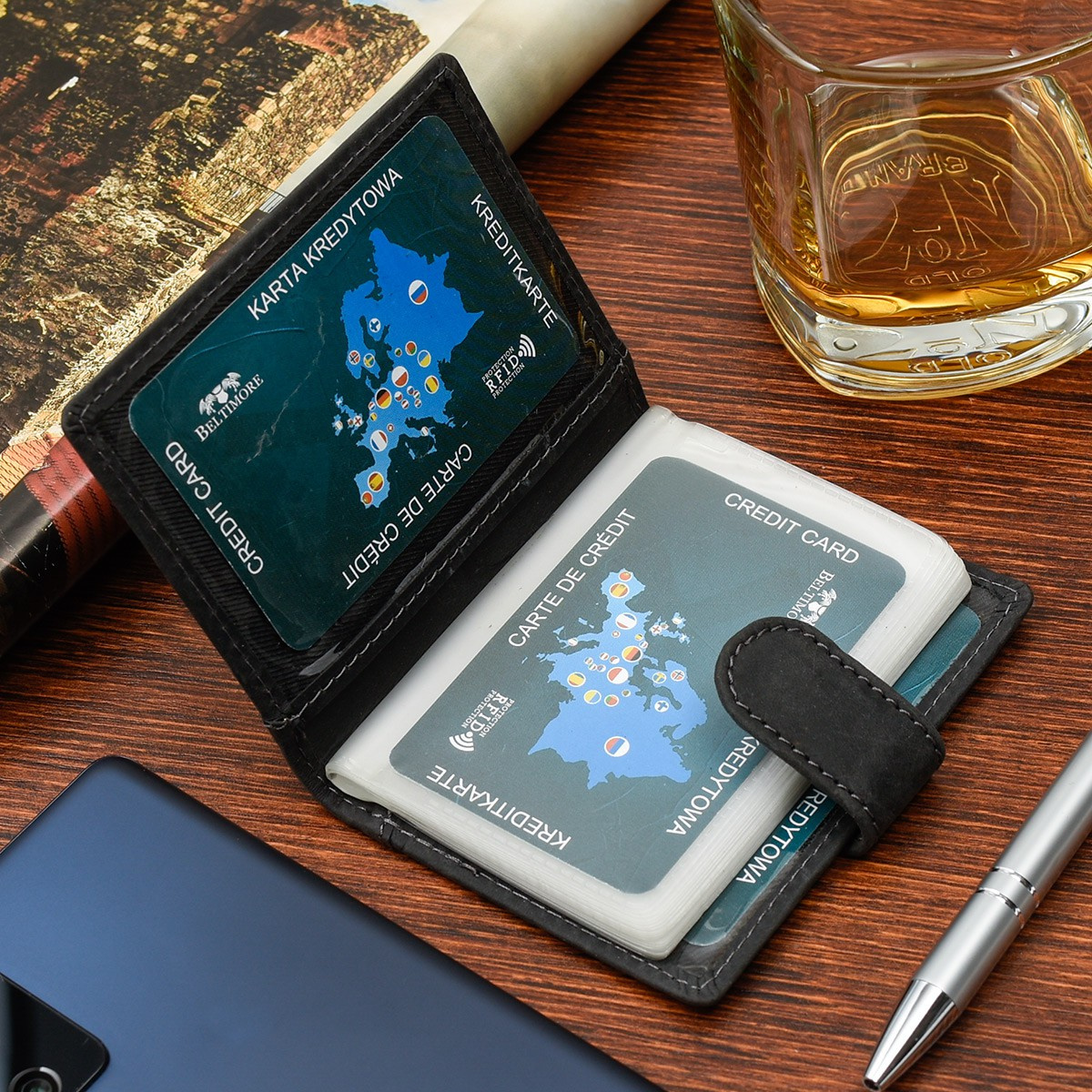 Etui na dokumenty karty skórzane slim Beltimore Czarne G78