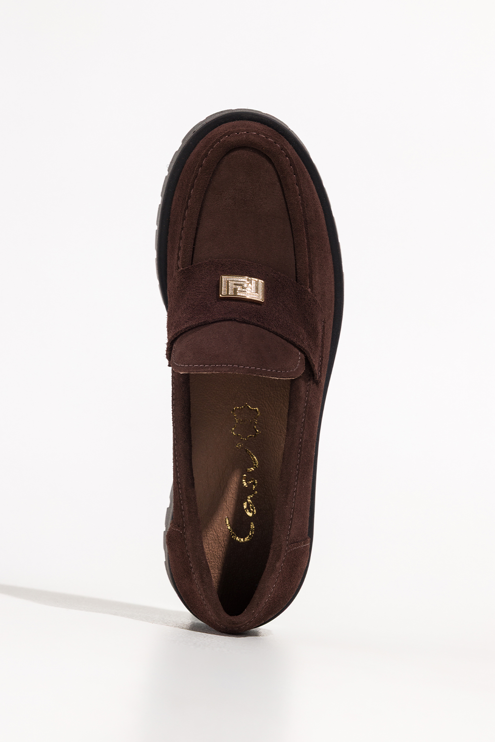 Czekoladowe mokasyny skórzane damskie bieżnikowana czarna platforma złota ozdoba PRODUKT POLSKI Casu 79802