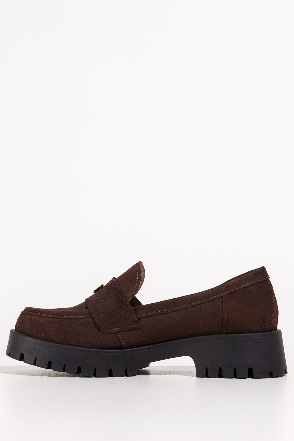 Czekoladowe mokasyny skórzane damskie bieżnikowana czarna platforma złota ozdoba PRODUKT POLSKI Casu 79802