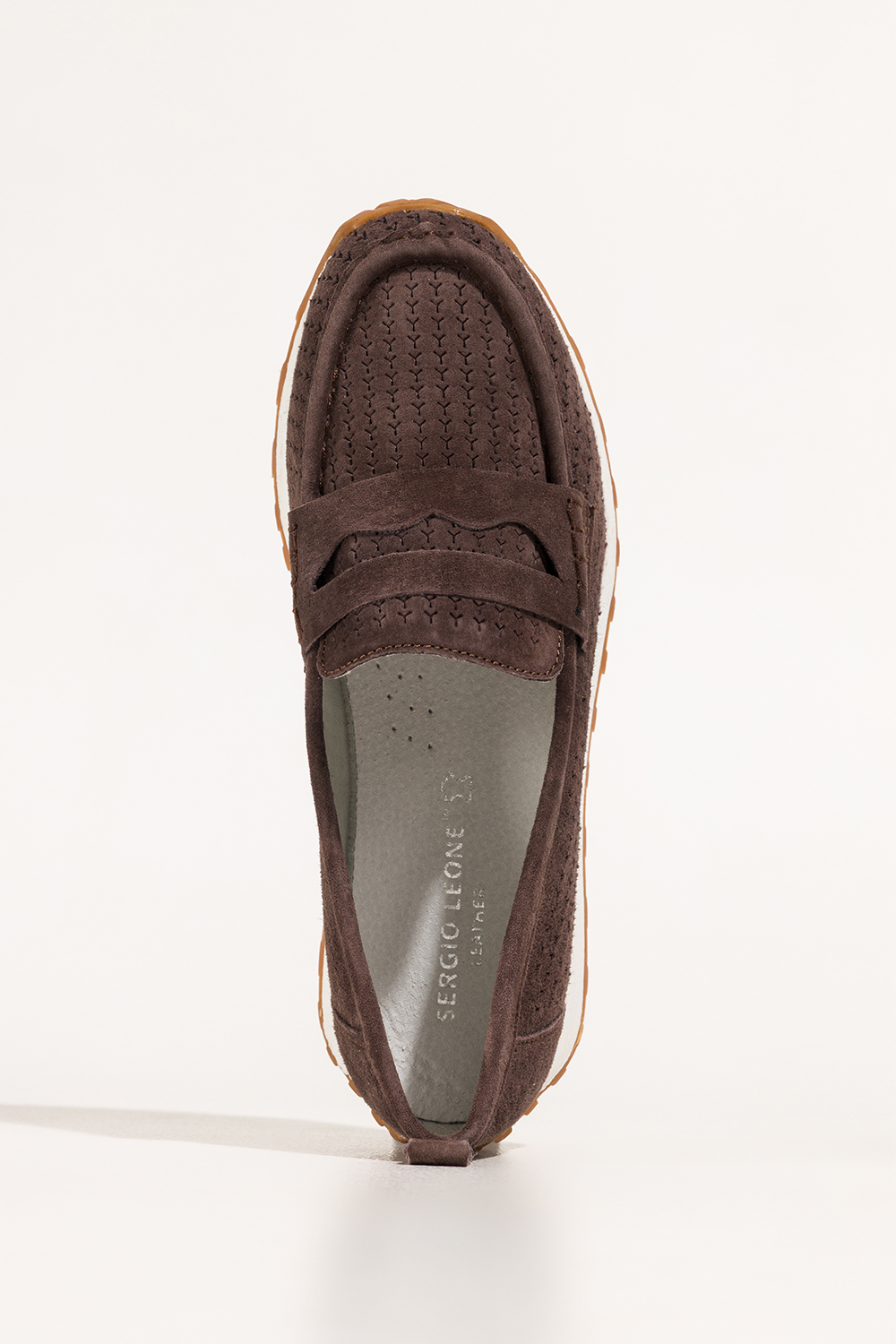 Czekoladowe mokasyny skórzane damskie ażurowe Sergio Leone na żłobionej platformie HK-990