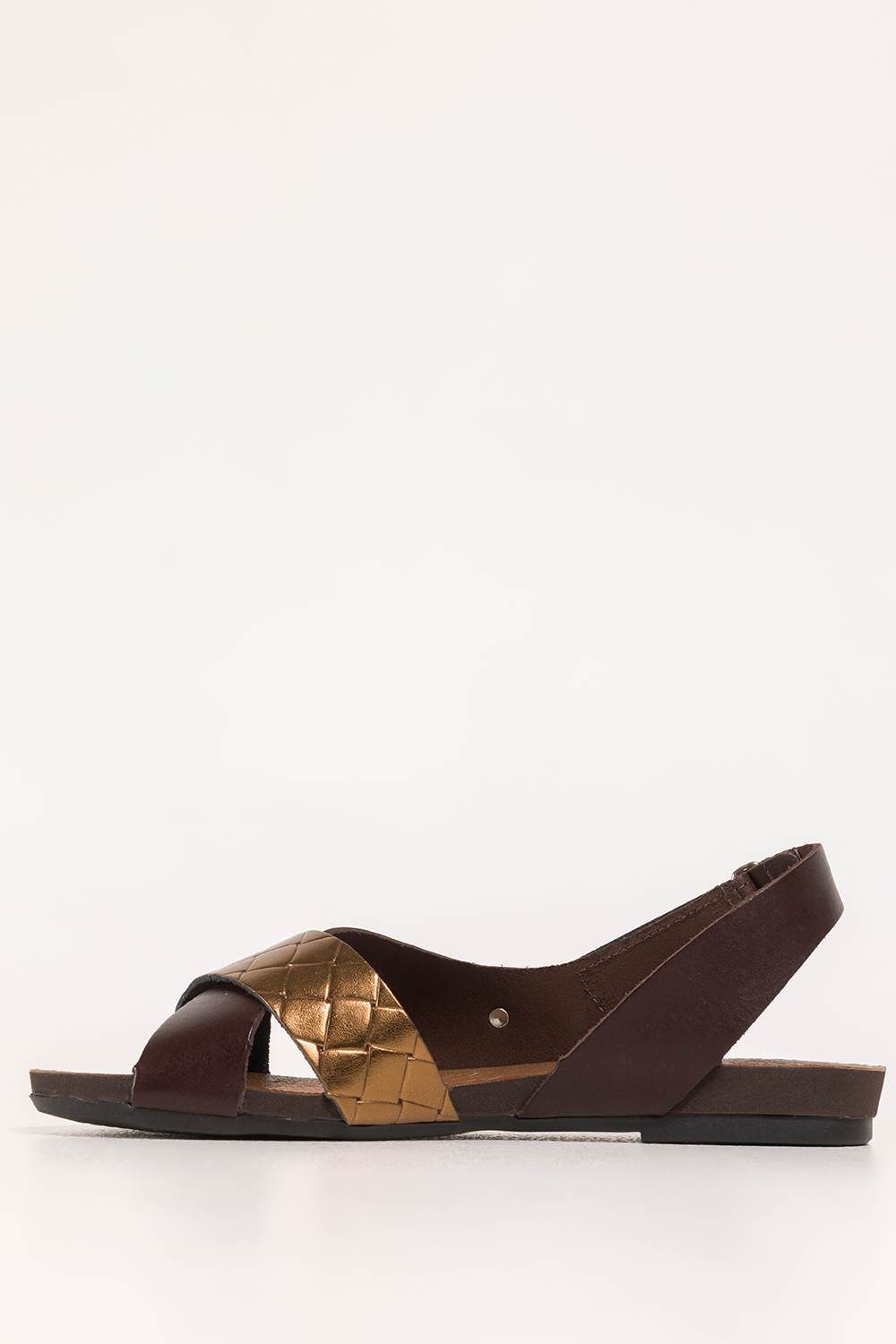 Czekoladowe sandały skórzane damskie na rzep elastyczna płaska podeszwa paski na krzyż z miedzianym wzorem PRODUKT POLSKI Casu 59858