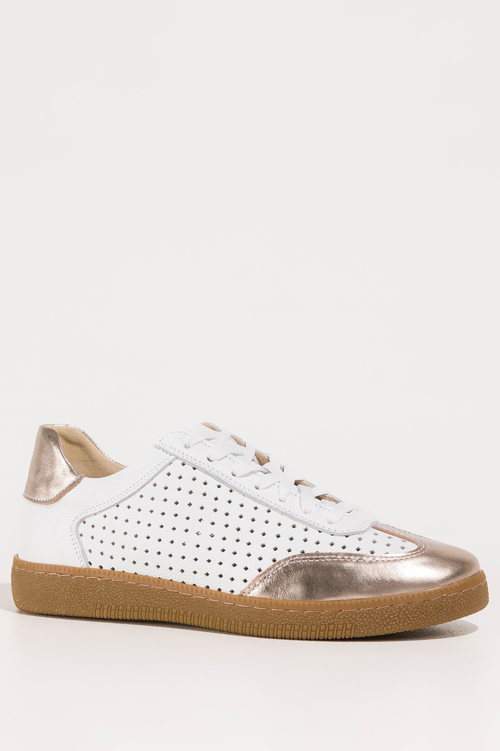 Białe sneakersy skórzane damskie buty sportowe ażurowe na elastycznej płaskiej podeszwie złote wstawki sznurowane PRODUKT POLSKI Casu M8681