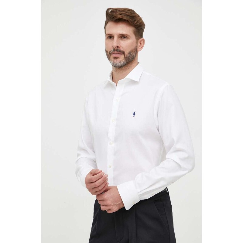 Polo Ralph Lauren koszula bawełniana męska kolor biały slim z kołnierzykiem włoskim