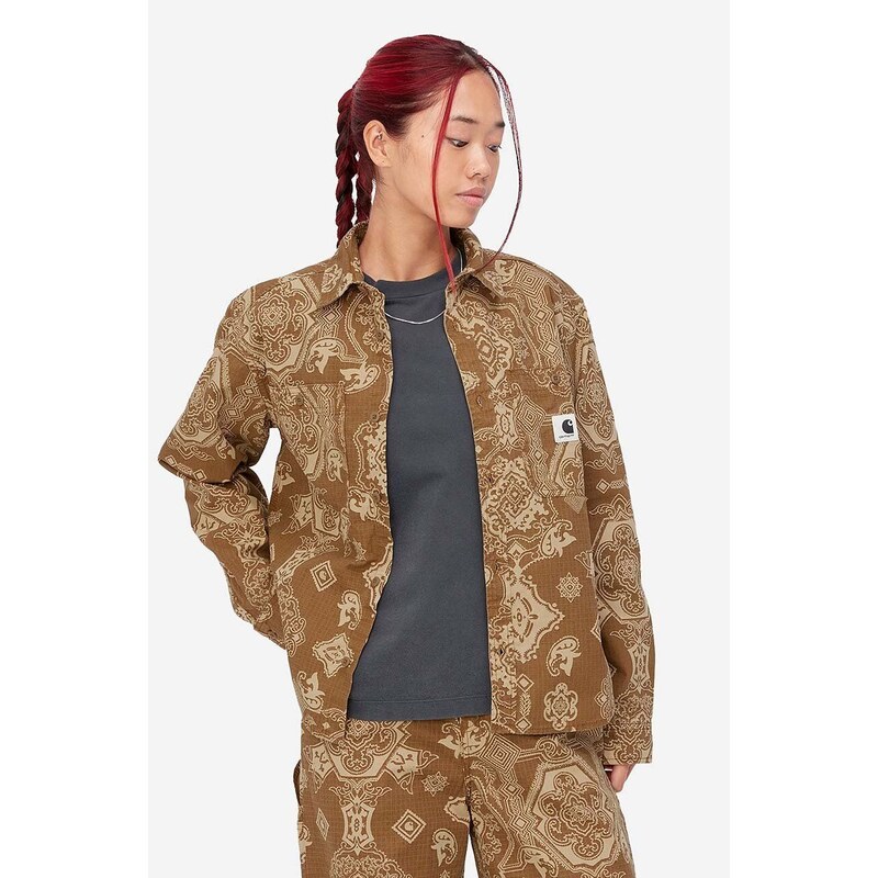 Carhartt WIP koszula bawełniana damska kolor brązowy regular z kołnierzykiem klasycznym I030760-BLACK