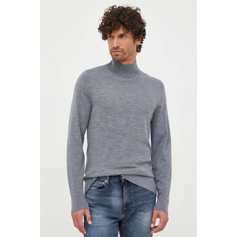 Calvin Klein sweter wełniany męski kolor szary lekki z półgolfem