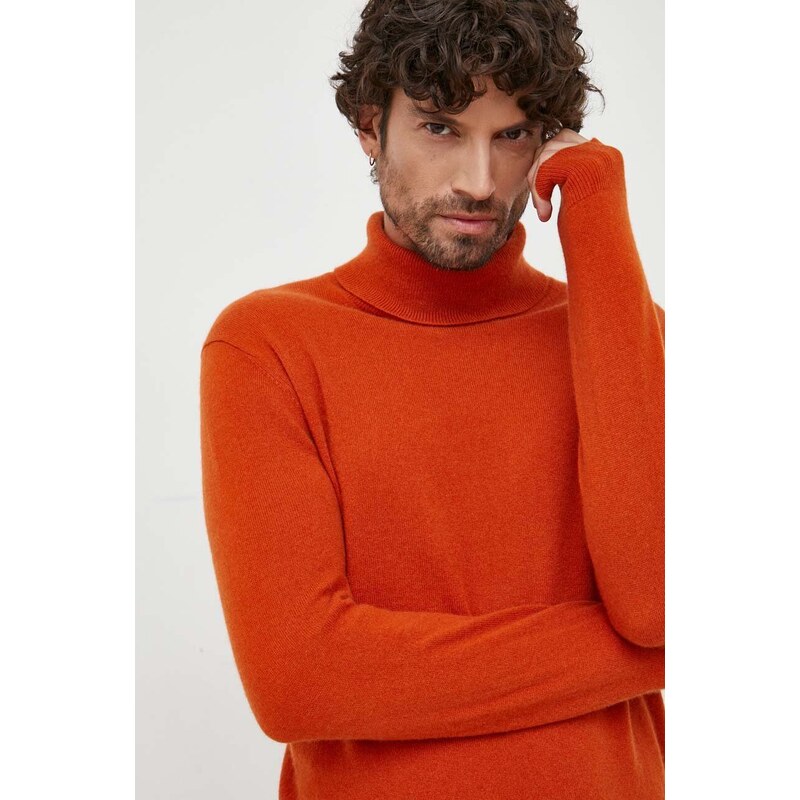 United Colors of Benetton sweter kaszmirowy kolor pomarańczowy lekki z golferm