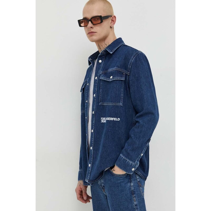 Karl Lagerfeld Jeans koszula jeansowa męska kolor granatowy regular z kołnierzykiem klasycznym