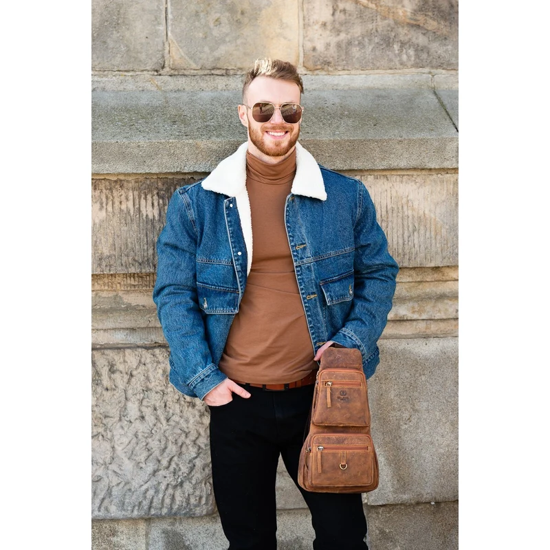 Paolo Peruzzi Plecak Męski Na Jedno Ramię Skórzany Brązowy Plecak Miejski T-38-Br