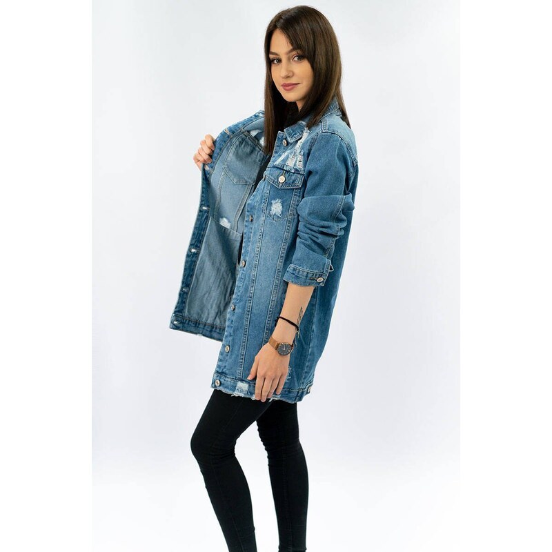 IZZY DENIM Długa damska kurtka jeansowa oversize niebieska (x-761)