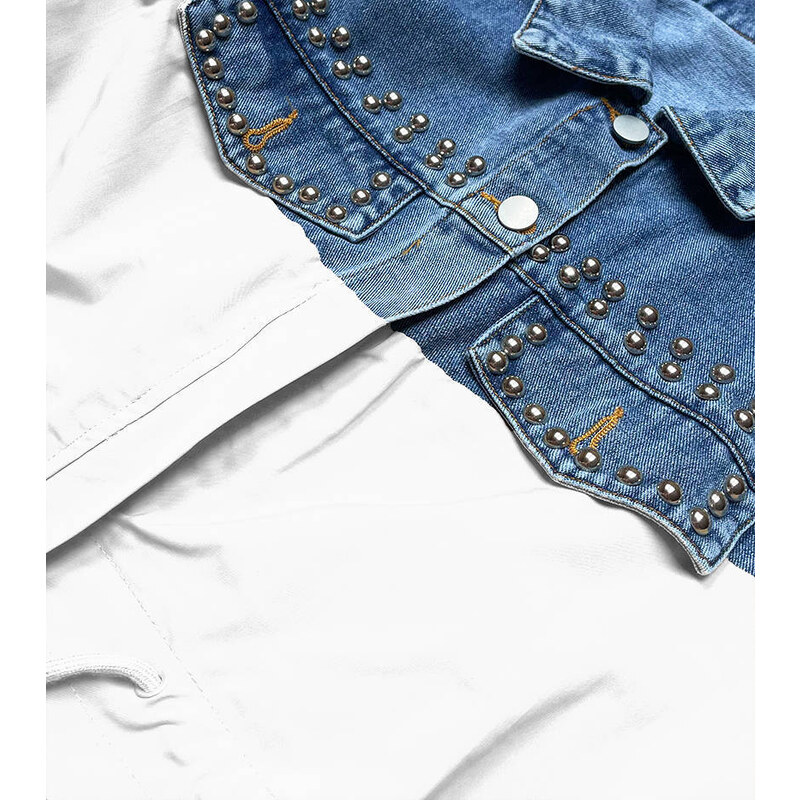 PREMIUM Damska kurtka jeans denim z łączonych materiałów niebiesko-biała (pffs12233)