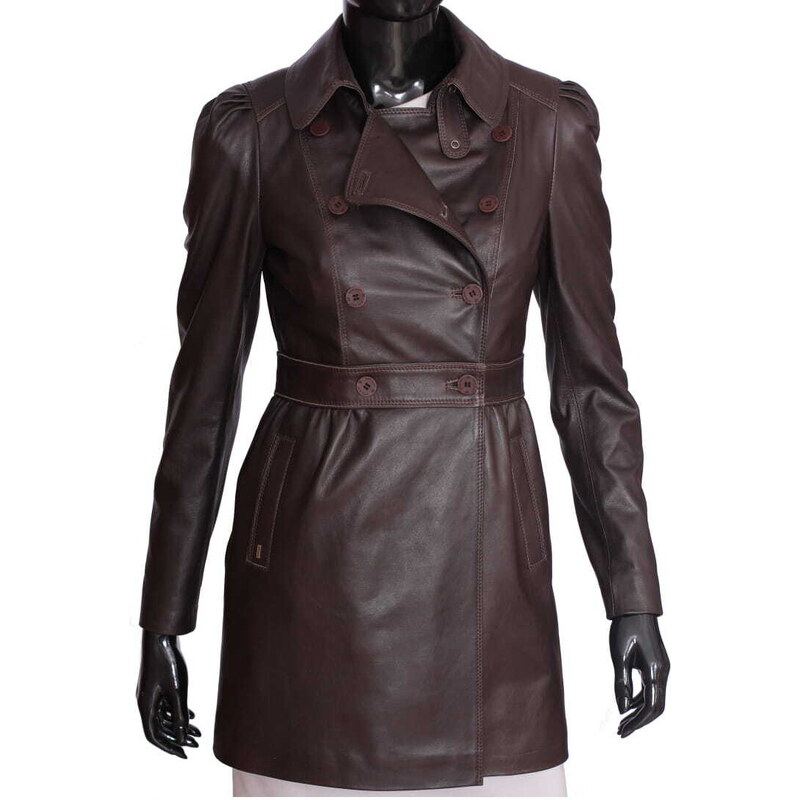ELZ016 - brązowy dwurzędowy płaszcz skórzany damski vintage DORJAN
