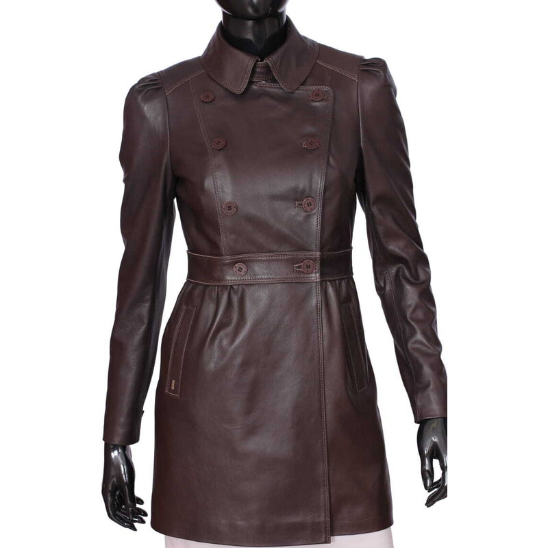 ELZ016 - brązowy dwurzędowy płaszcz skórzany damski vintage DORJAN