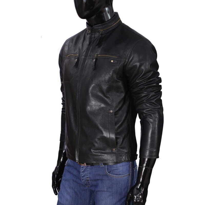 OLG950_1 - Klasyczna czarna kurtka męska skórzana ze stójką DORJAN