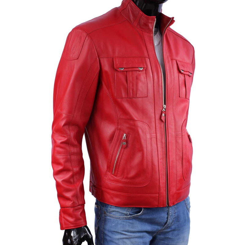 FLP461 - Czerwona kurtka skórzana męska w stylu vintage DORJAN