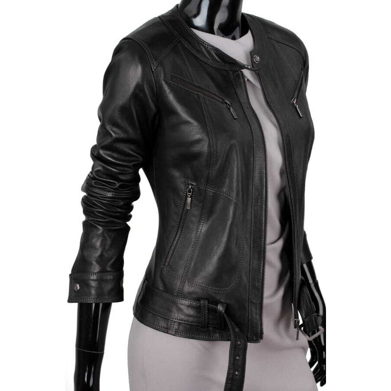 SAR450_1 - Czarna kurtka skórzana damska w rockowym stylu DORJAN