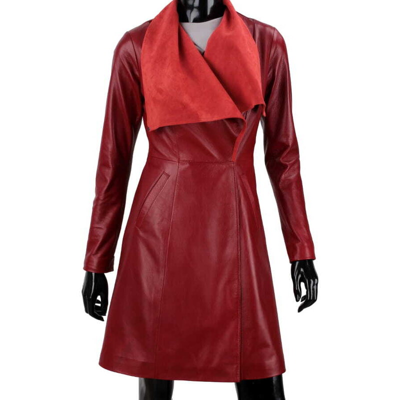 EST467 - czerwony płaszcz skórzany damski z kieszeniami DORJAN