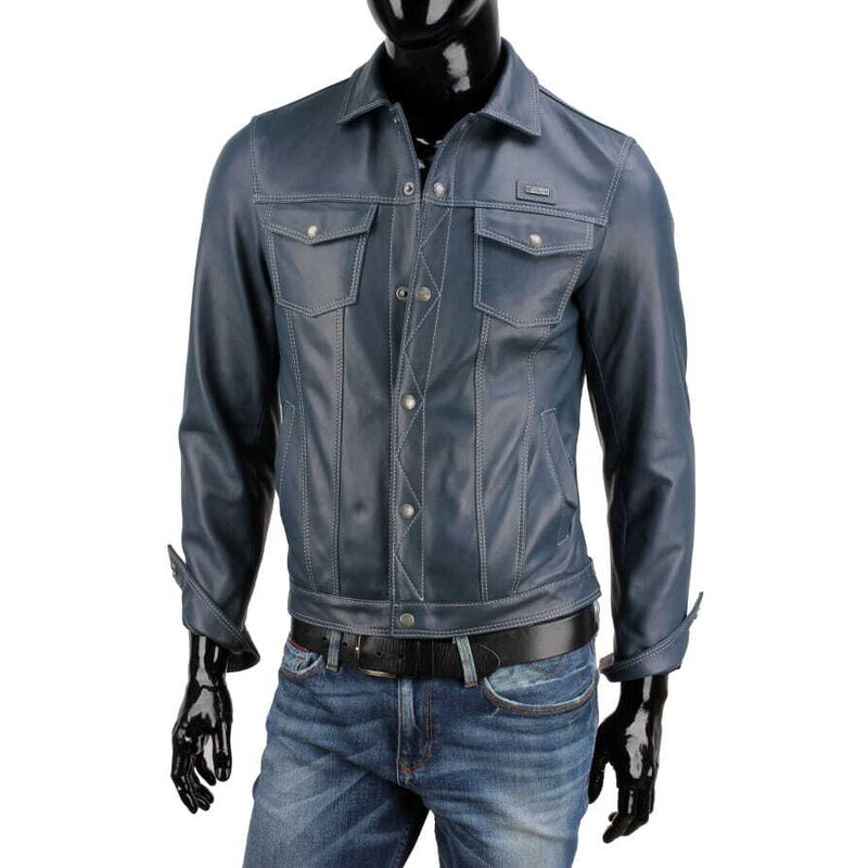 CARLO MONTI KTM074 - Niebieska kurtka skórzana męska jak katana jeansowa DORJAN