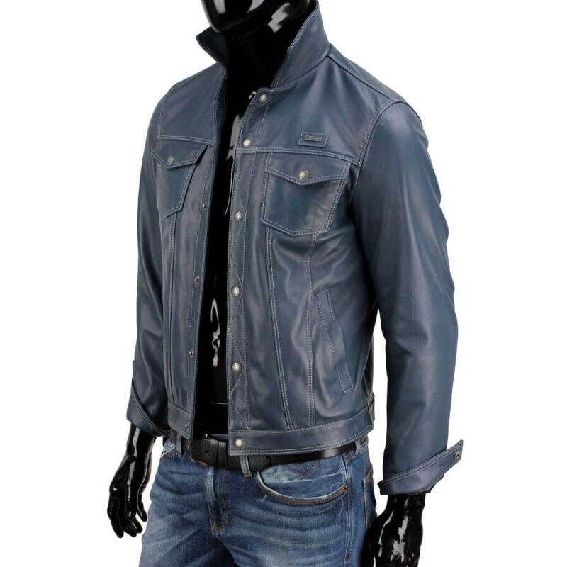 CARLO MONTI KTM074 - Niebieska kurtka skórzana męska jak katana jeansowa DORJAN