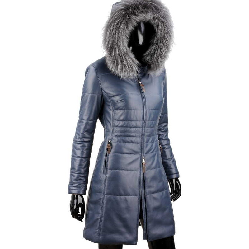 CARLO MONTI ANG074 - niebieski płaszcz skórzany damski pikowany z ociepleniem DORJAN