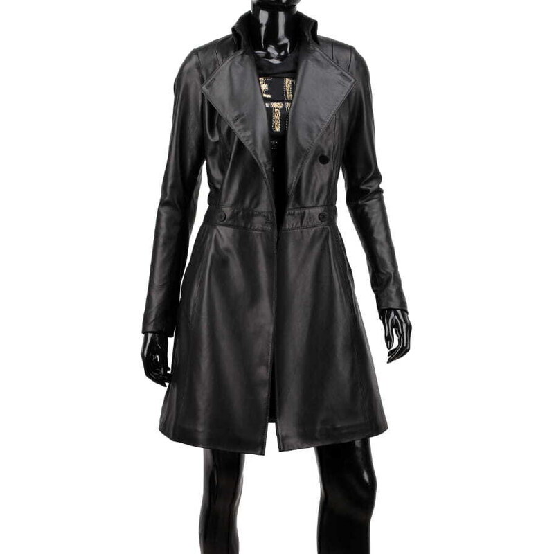 WIA450 - czarny dwurzędowy płaszcz skórzany damski z paskiem DORJAN