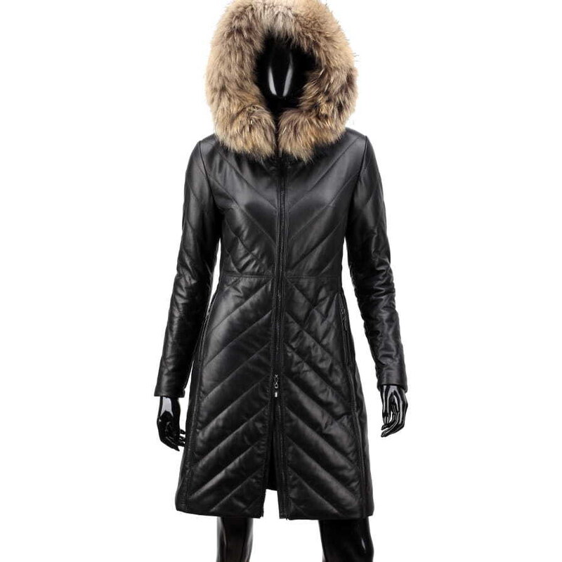 CARLO MONTI ANL450 - czarny płaszcz skórzany damski pikowany w jodełkę DORJAN