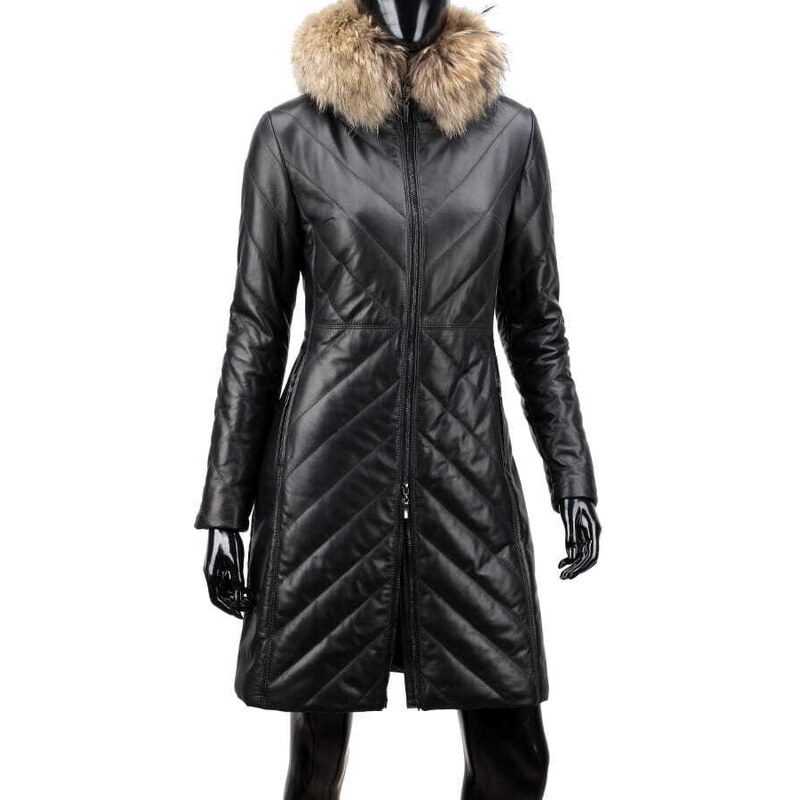 CARLO MONTI ANL450 - czarny płaszcz skórzany damski pikowany w jodełkę DORJAN